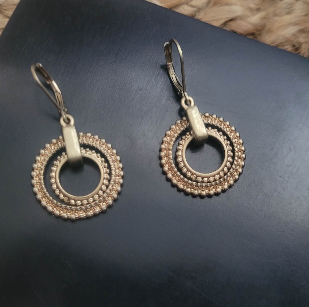 Beaded Gold Toned Double Hoop Dangle Earrings